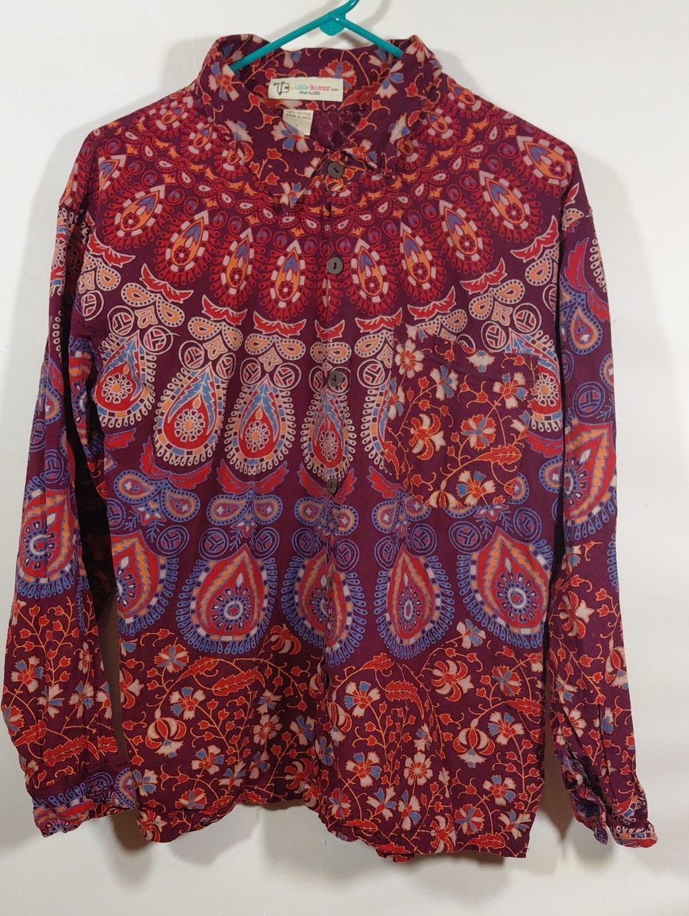 Little Bazaar Women's Kaleidoscope Bohemian Paisley Button Front Cotton Shirt LG